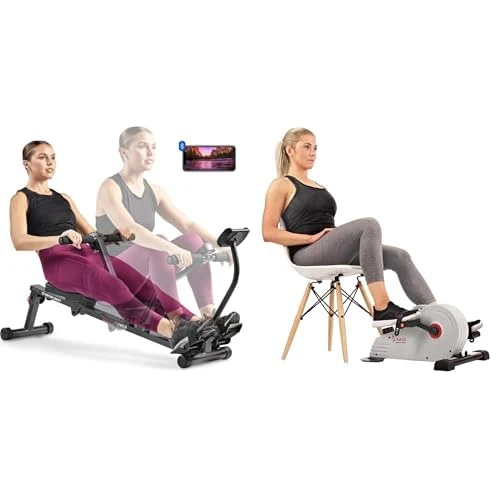 Sunny Health & Fitness Magnetic Under Desk Pedal Exerciser, Dual Function Mini Exercise Cycle Bike + Smart Compact Adjustable Rowing Machine, Adjustable Resistance, Complete Body home Workout