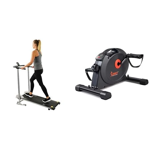 Sunny Health & Fitness Foldable Manual Treadmill, Compact Cardio Fitness + Under Desk Dual Function Smart Mini Arm & Leg Pedal Exerciser Cycle Bikes