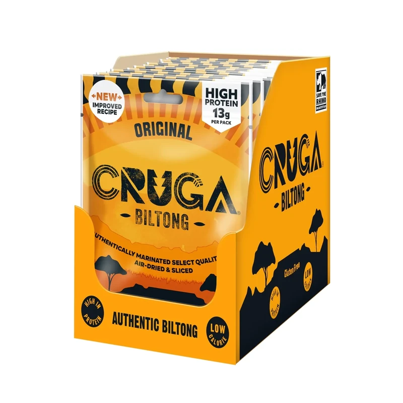 Cruga Original Beef Biltong Flavour 12 × 25g Snack Packs – High Protein Gluten Free Spicy Snack – Low Sugar – No Added MSG – Ideal for Gym, Travel, Hiking & Everyday Energy