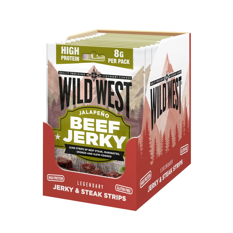 Wild West Jalapeno Beef Jerky 12 × 25g – High Protein Gluten Free Snack – No Added MSG – Ideal for Gym, Travel, Hiking & Everyday Energy