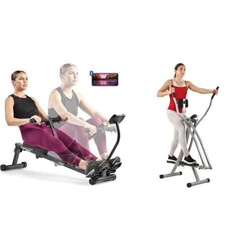Sunny Health & Fitness Elliptical Cross Trainer w/LCD Monitor, Air Walker Exercise Machines + Smart Compact Adjustable Rowing Machine, 12 Levels Adjustable Resistance, Complete Body Workout