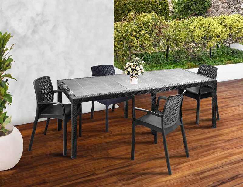 Dmora - Outdoor lounge set Manarola, extendable outdoor Table with 4 chairs, rattan effect garden table and seats, 100% Made in Italy, Anthracite