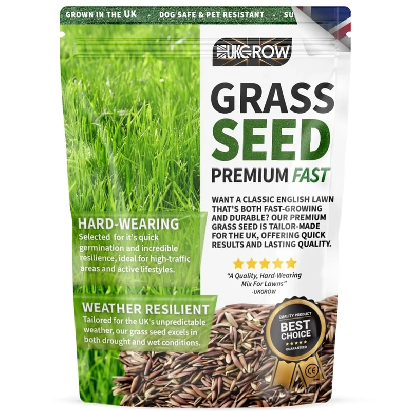 UKGROW Premium Grass Seed - Fast Germinating, Durable & Pet-Friendly Lawn Seed Blend for Lush Green Gardens - UK-Grown - Perfect for Patch Repairs & Full Lawns (1kg)