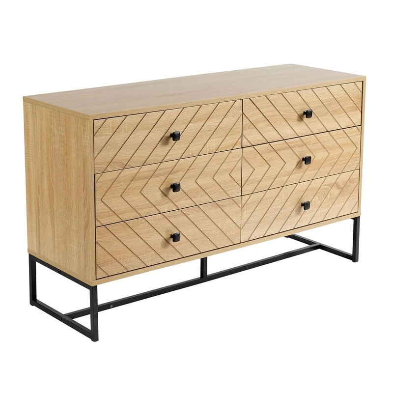 Home Source Aztec Bedroom Chest of Drawers, Wooden Home Furniture Clothing Storage Unit, 6 Drawer, Oak Effect