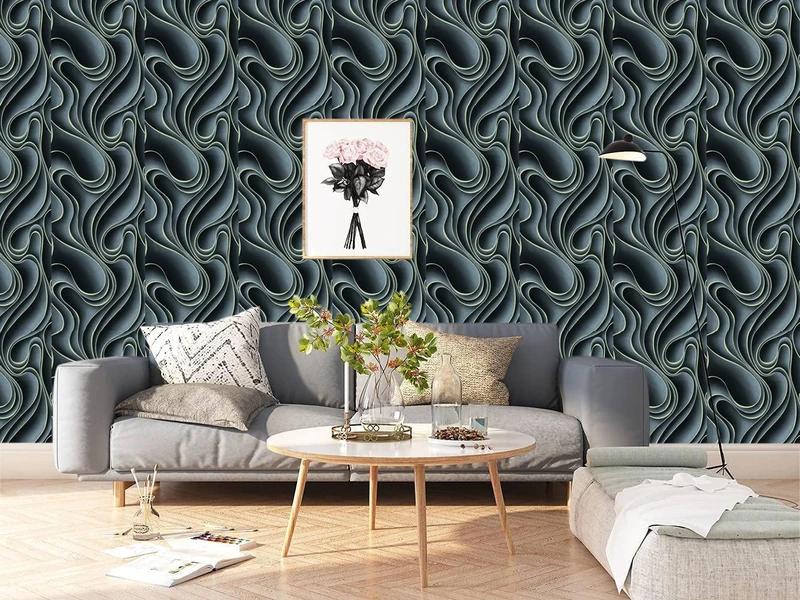 BUVU Vinyl Wallpaper 0.53 x 10 m Washable Wallpaper with Black Wave Motif