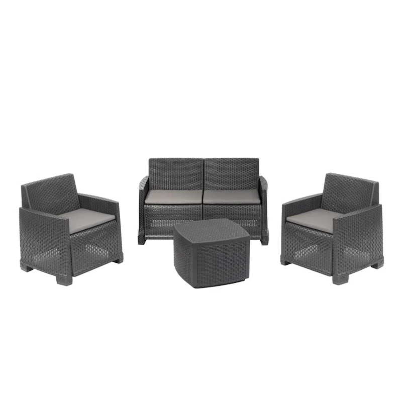 Dmora - Outdoor lounge set Peschici, Garden set with 2 armchairs, 1 sofa and 1 storage table, Rattan effect with cushions, 100% Made in Italy, Anthracite