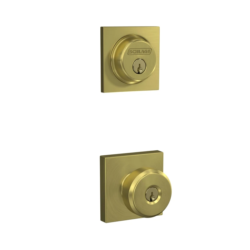 Schlage FB55N V BWE 608 COL Single Cylinder Deadbolt and Keyed Entry Bowery Knob with Collins Trim, Satin Brass - Image 1
