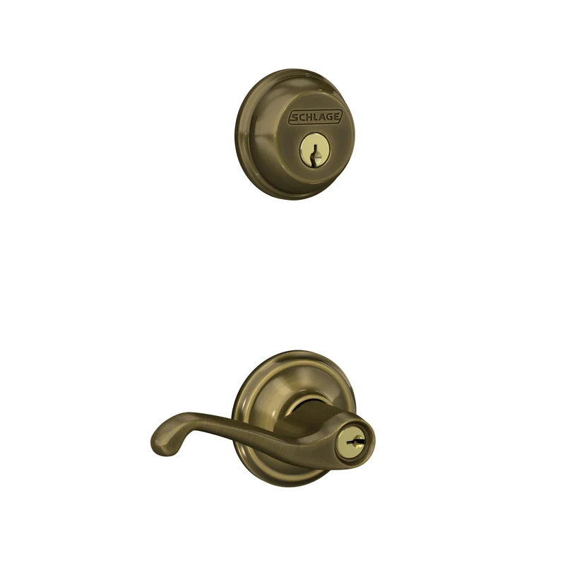 SCHLAGE FB50 V FLA 609 Single Cylinder Deadbolt and Keyed Entry Flair Lever, Antique Brass