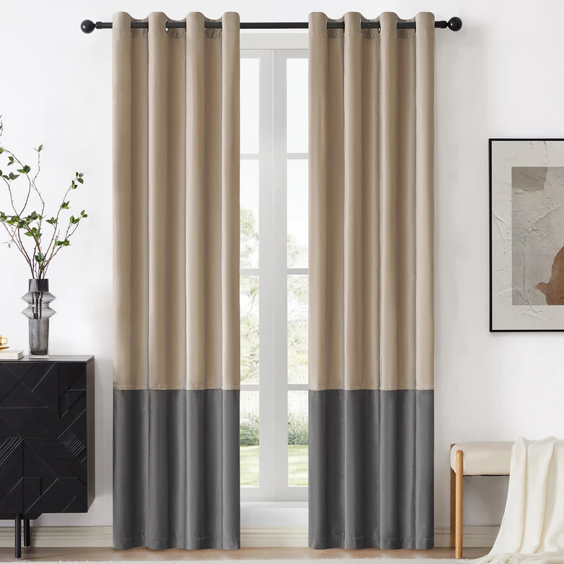 BULBUL Champagne Grey Color Block Window Curtains Panels 108 inches Long Velvet Farmhouse Drapes for Bedroom Living Room Darkening Treatment with Grommet Set of 2