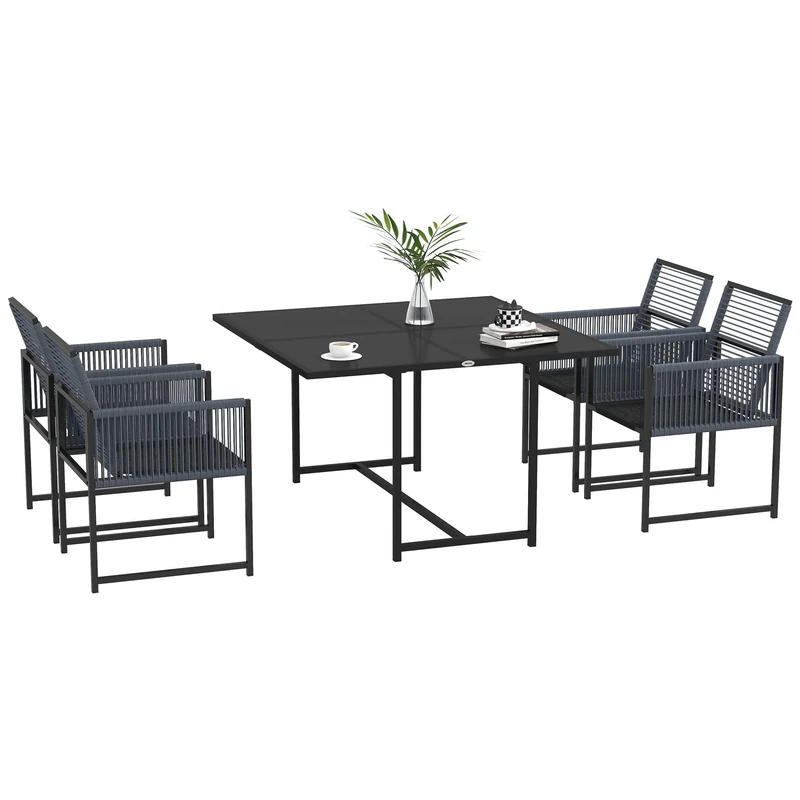 Outsunny 5 Pieces Garden Dining Set, Outdoor Patio Cube Set, 4 Seater Outdoor Table and Chairs with Foldable Backrest, Tempered Glass Top, Handwoven Rope for Poolside, Space-Saving, Dark Grey