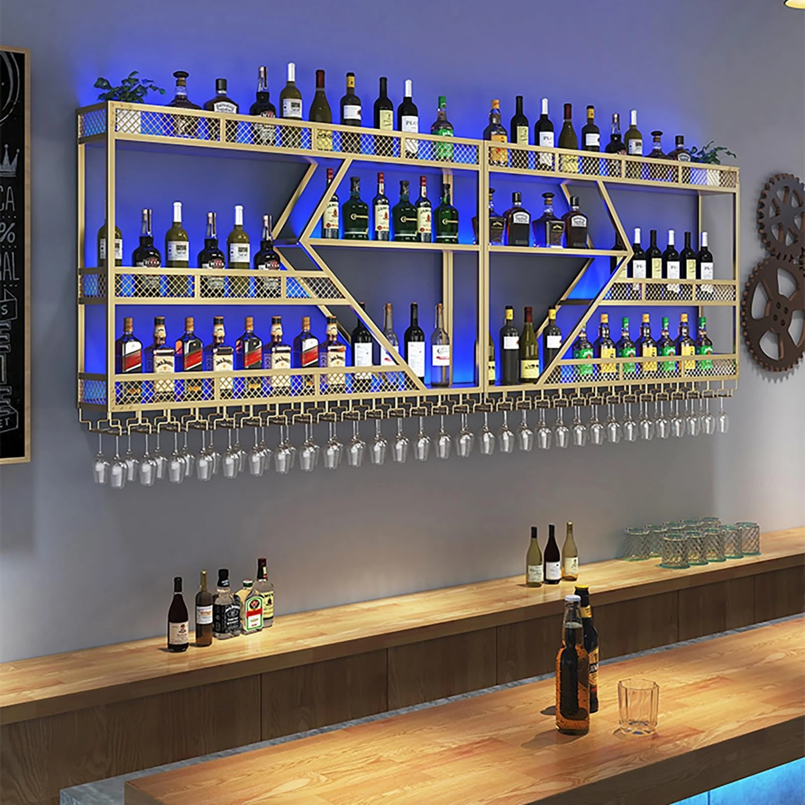 Large Wall Mounted Wine Rack,Bar Unit Floating Shelves With LED Light Iron Display Stand Wine Holder,Large-Capacity Metal Wine Racks,Liquor Bottle Display Shelf,Hanging Goblet Rack,Gold,Black ( Color