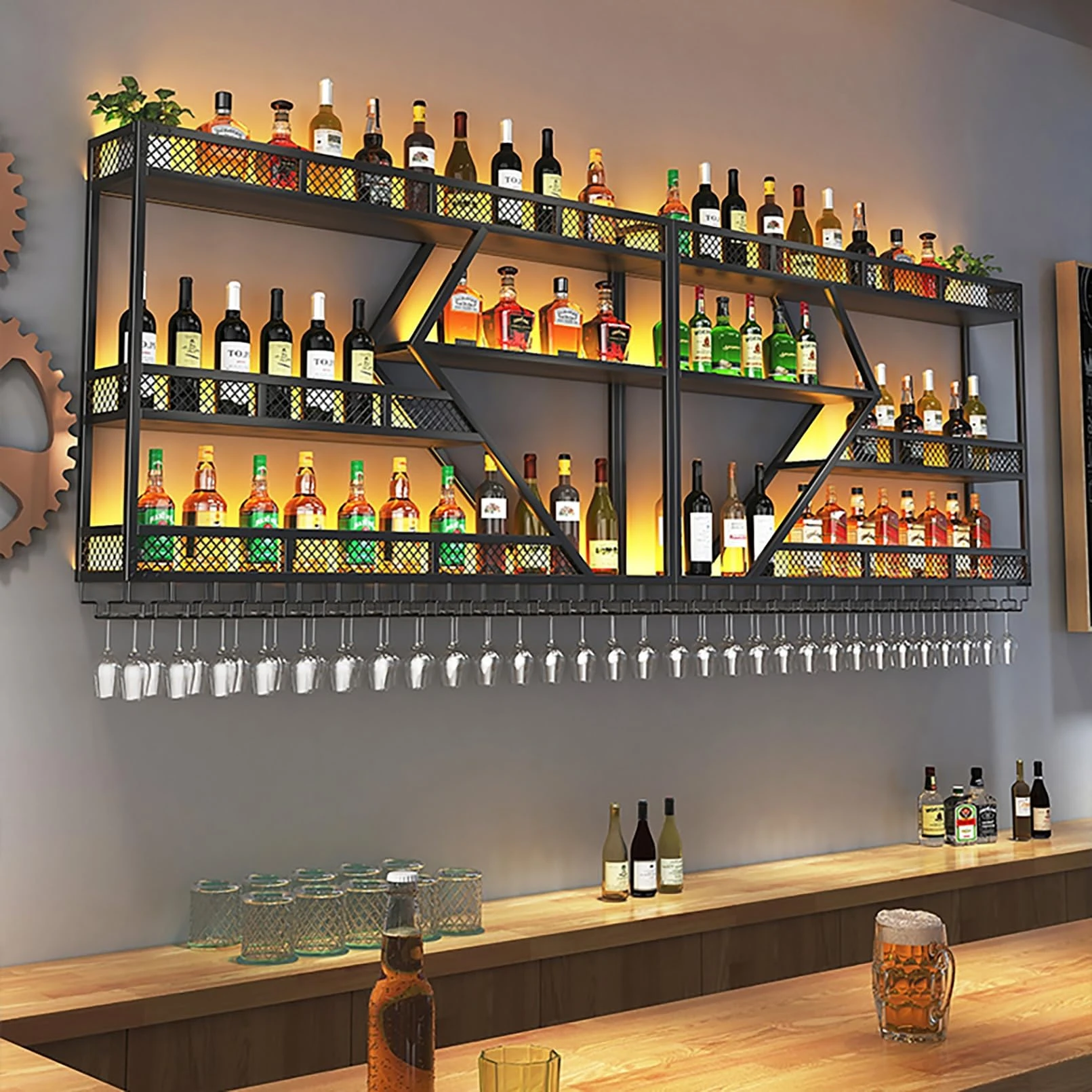 Large Wall Mounted Wine Rack,Bar Unit Floating Shelves With LED Light Iron Display Stand Wine Holder,Large-Capacity Metal Wine Racks,Liquor Bottle Display Shelf,Hanging Goblet Rack,Gold,Black ( Color