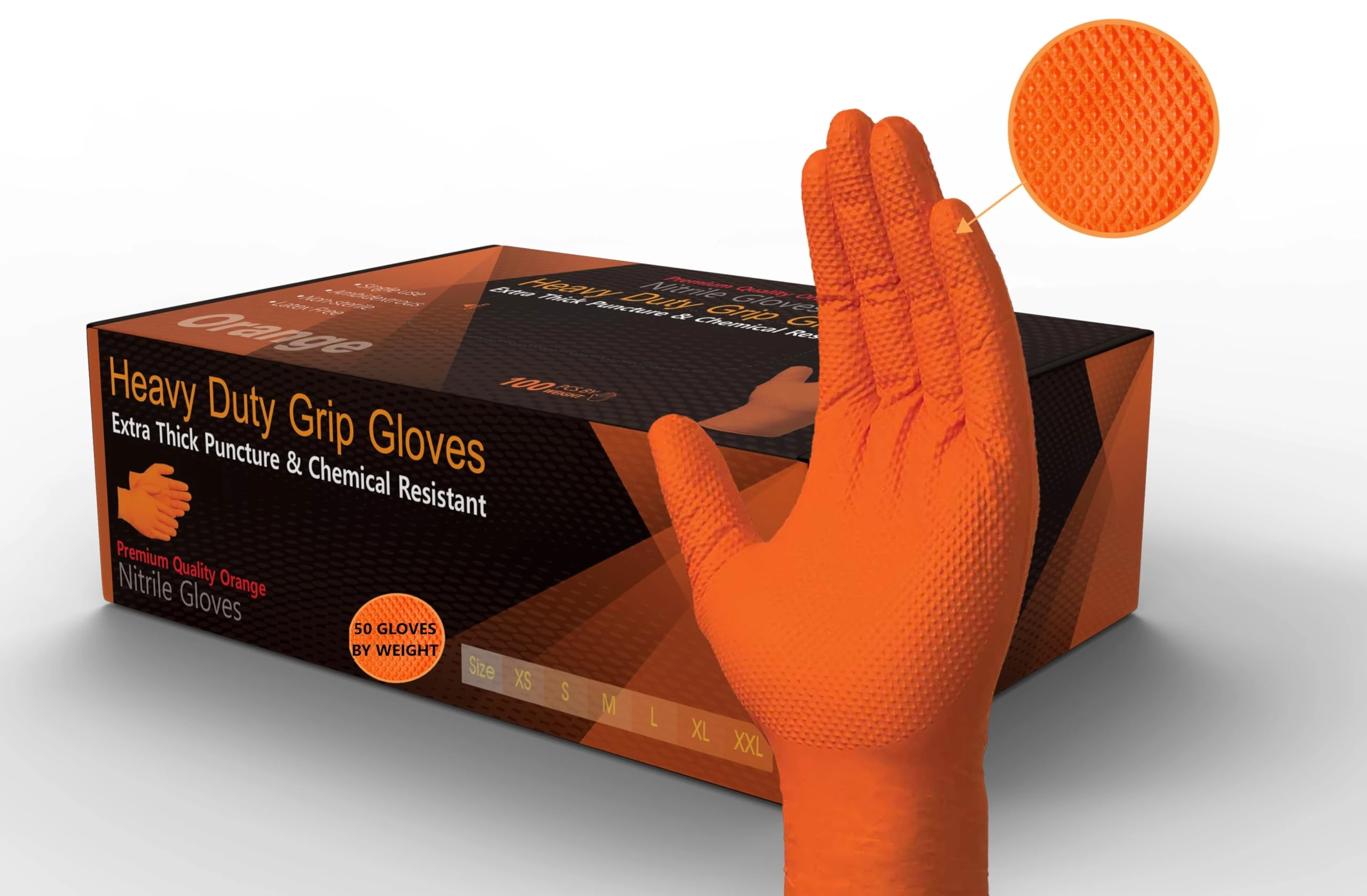 Heavy Duty Super Strong Orange Grip Nitrile Gloves PF 8 mil |Mechanical|Industrial| Engineering|Lab|Food|Cleaning|Plumbing| Gardening Box of 50 Gloves (Orange, XLarge)