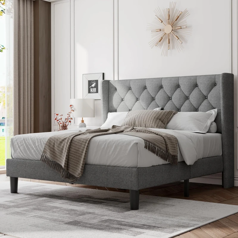 Feonase Queen Bed Frame, Bedroom Furniture, Upholstered Wingback Headboard, Platform Bed, Heavy Duty Wooden Slats Support, Easy Assembly, Noise-Free, No Box Spring Needed, Light Gray Bedroom