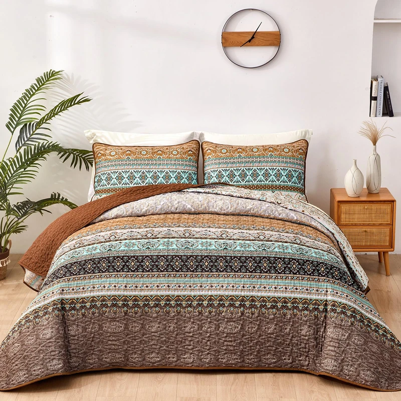 WONGS BEDDING Boho Fall Quilt Set Full, Brown Bohemian Quilt Bedding Set, Ultra Soft Lightweight Bedspread for All Season Reversible Microfiber Coverlet Bedding Set 90"x78"(3 Pieces)