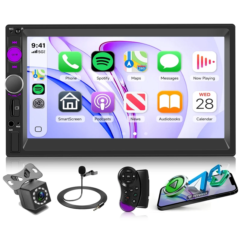 Rimoody Wireless CarPlay Double Din Car Radio, 7 Inch HD Capacitive Touchscreen with Wireless Android Auto, Mirror Link, Bluetooth 5.3, SWC, USB/TF/AUX, EQ, UI Remote Control + HD Backup Camera