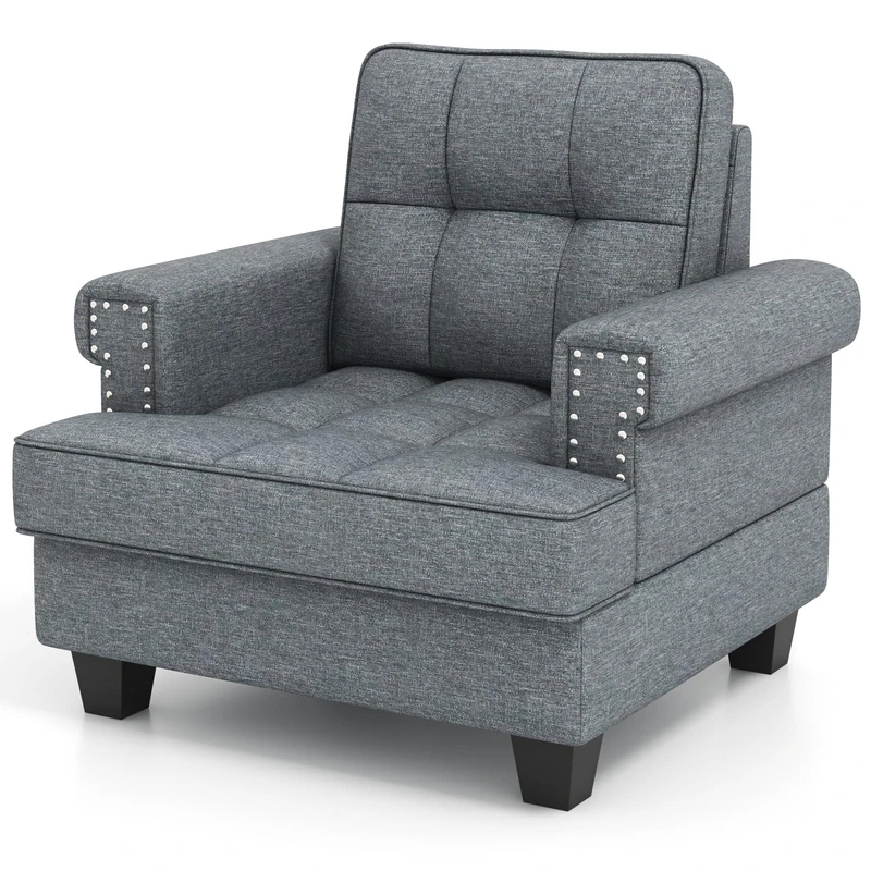 RELAX4LIFE Modern Accent Chair, Linen Fabric Button Tufted Single Sofa Armchair with Removable Pillow & Thick Legs, Padded Resting Leisure Guest Chair for Living Room Bedroom Office (Grey) - Image 1