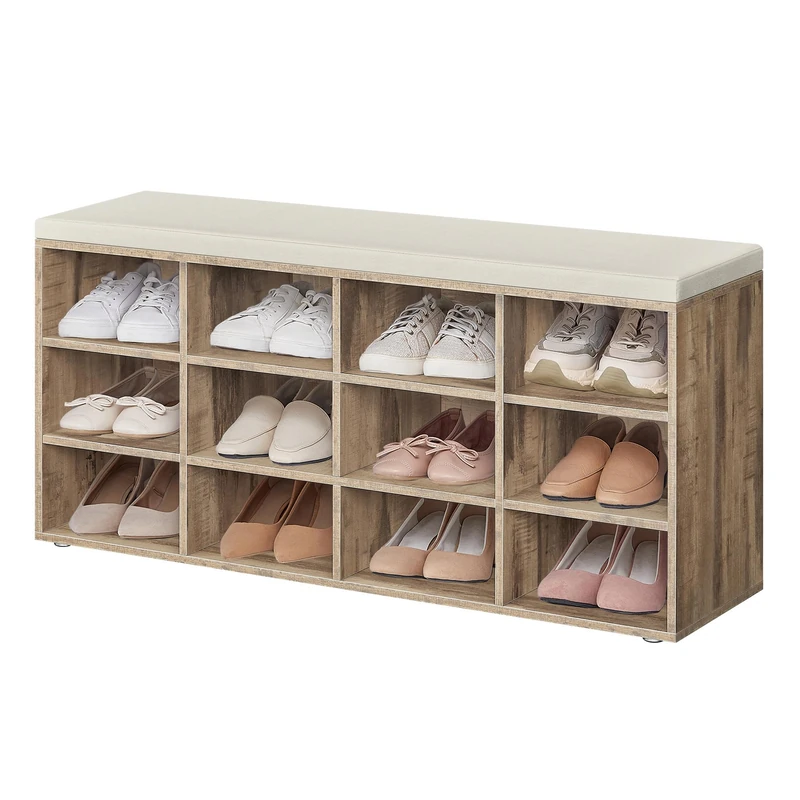 VASAGLE Shoe Bench, Storage Bench with Padded Seat, with Cushion, 12 Compartments, Adjustable Shelves, for Living Room, Hallway, 30.3 x 104 x 48 cm, Camel Brown LHS012K03
