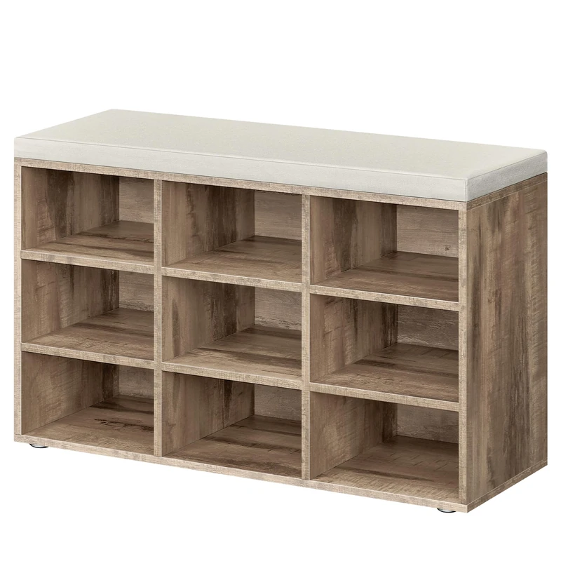 VASAGLE Shoe Bench, Storage Bench with Padded Seat, with Cushion, 9 Compartments, Adjustable Shelves, for Living Room, Hallway, 30.3 x 78.5 x 48 cm, Camel Brown LHS009K04