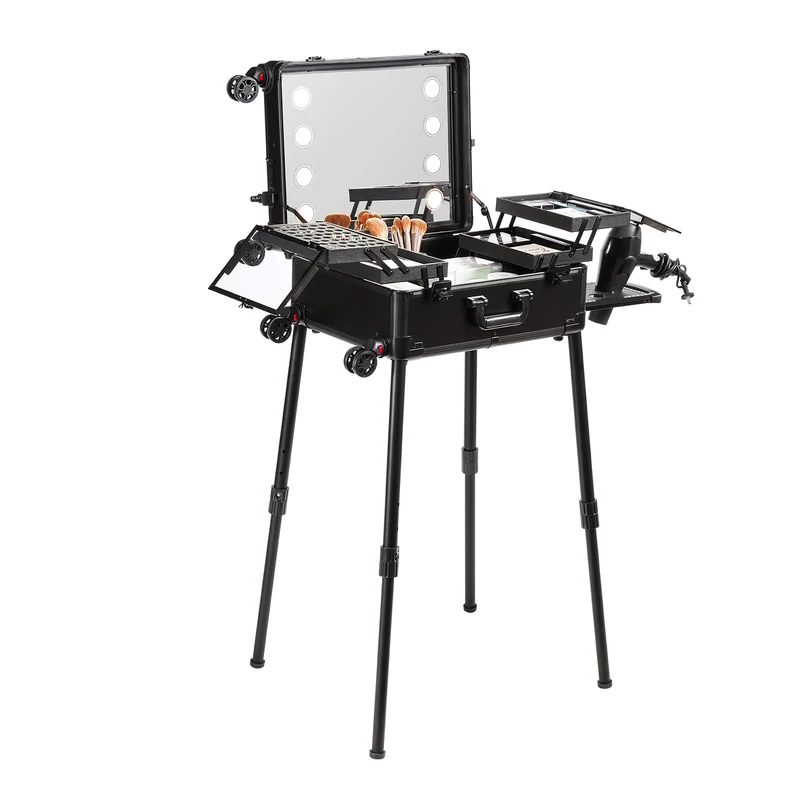 VEVOR Makeup Case with Lock, Mirror, 4 Storage Trays, Brush Holder, Cosmetic Storage Box Case with 360° Swivel Wheels on Stand for Artist Studio, Black, Cosmetic case - Image 1