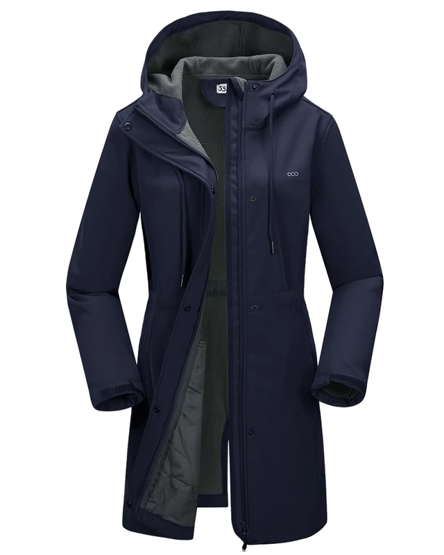 33,000ft Women’s Softshell Jacket with Hood Waterproof Ladies Functional Jacket Fleece Lined Windbreaker Breathable Raincoat Hooded Long Coats for Cycling Hiking Outdoor Dark Blue L