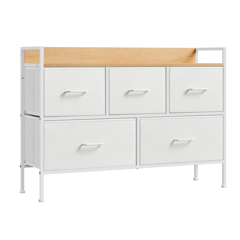 SONGMICS Chest of Drawers for Bedroom, 5 Fabric Drawers with Handles, Storage Organiser Unit, for Living Room, Hallway, Steel Frame, Cloud White and Oak Beige LTS135W01