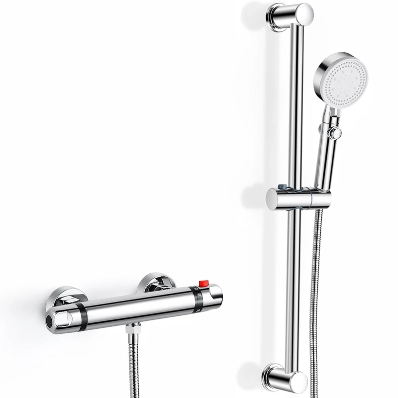 Thermostatic Shower Mixer Kit Wall Mounted Thermostatic Shower Valve with Adjustable Riser Kit,38°C Safety Lock Anti Scald, Chrome Modern Shower Set