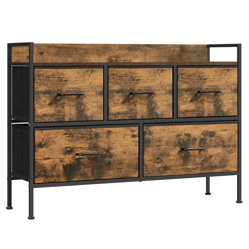 SONGMICS Chest of Drawers for Bedroom, 5 Fabric Drawers with Handles, Storage Organiser Unit, for Living Room, Hallway, Steel Frame, Rustic Brown and Ink Black LTS135B01