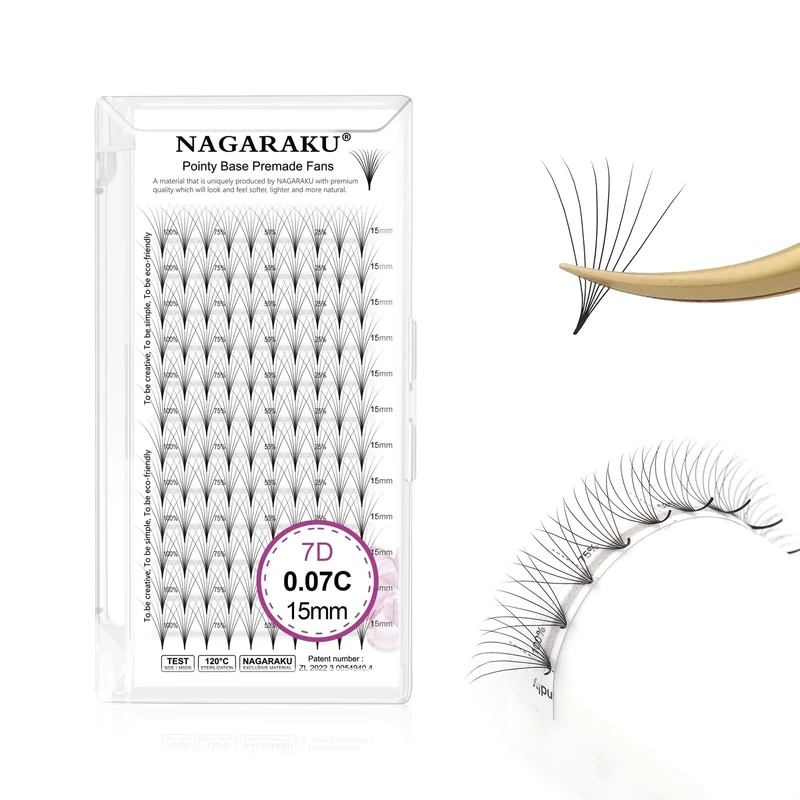 NAGARAKU Premade Fans Eyelash Extensions Premade Volume Fans Lash Extensions 120 Fans 7D 0.07C Curl 15mm Sharp Narrow Stem Clusters Thin Pointy Base Russian Fans Ready Volume Premade Lash Fan Fluffy