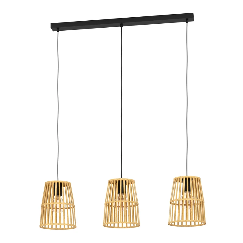 EGLO Pendant lighting Eyam, 3 lamp ceiling light fitting, boho style hanging lamp for dining and living room, black metal and natural bamboo, E27 socket
