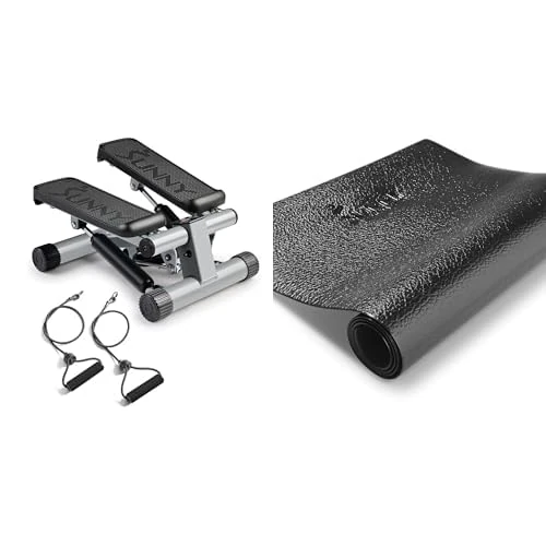 Sunny Health & Fitness Mini Stepper Machine, Stair Stepper Exercise Equipment with Resistance Bands & Exercise Equipment Mat, Non-slip Noise Reduction Floor Protector Mat