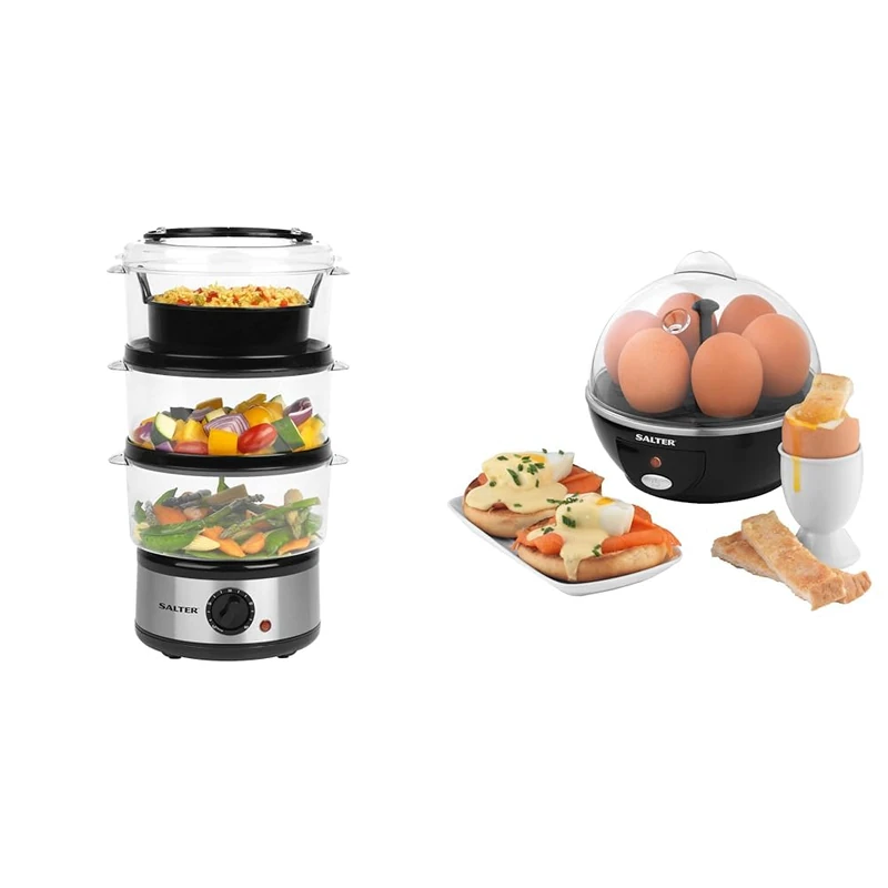 Salter 3-Tier Food Steamer - 7.5L Stainless Steel Multi-Cooker for Meat, Dumpling & Vegetable & EK2783 Electric Egg Boiler - Cooking Rack Holds Up To 6 Eggs, For Soft, Medium Or Hard Boiled - Image 1