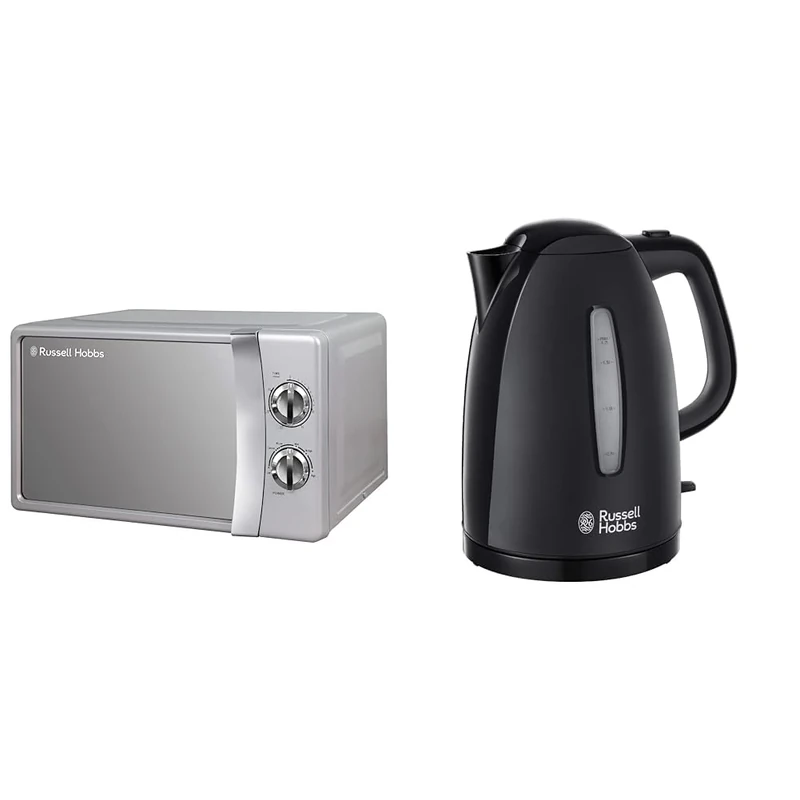 Russell Hobbs RHMM701S 17 Litre 700 W Silver Solo Manual Microwave with 5 Power Levels, Ringer & Textures Electric 1.7L Cordless Kettle (Fast Boil 3KW, Black premium plastic, matt