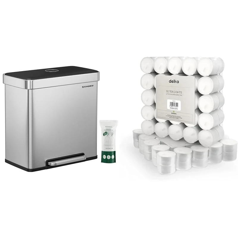 SONGMICS Kitchen Bin, 2 x 30L Stainless Steel Pedal Rubbish Bin with 15 Trash Bags, Recycling & delka 8 Hour Tea Light Candles, 50 Pack, Long Burning Time, Unscented Tea Lights - White