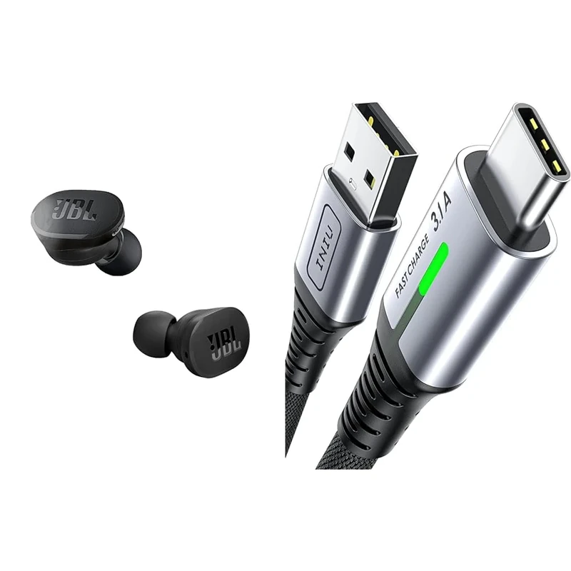 JBL Tune 130NC TWS In-Ear Headphones - True Wireless Bluetooth headphones in charging case & INIU USB C Charger Cable 2m 3.1A Type C Cable Fast Charging, Braided USB A to USB-C Phone Charger