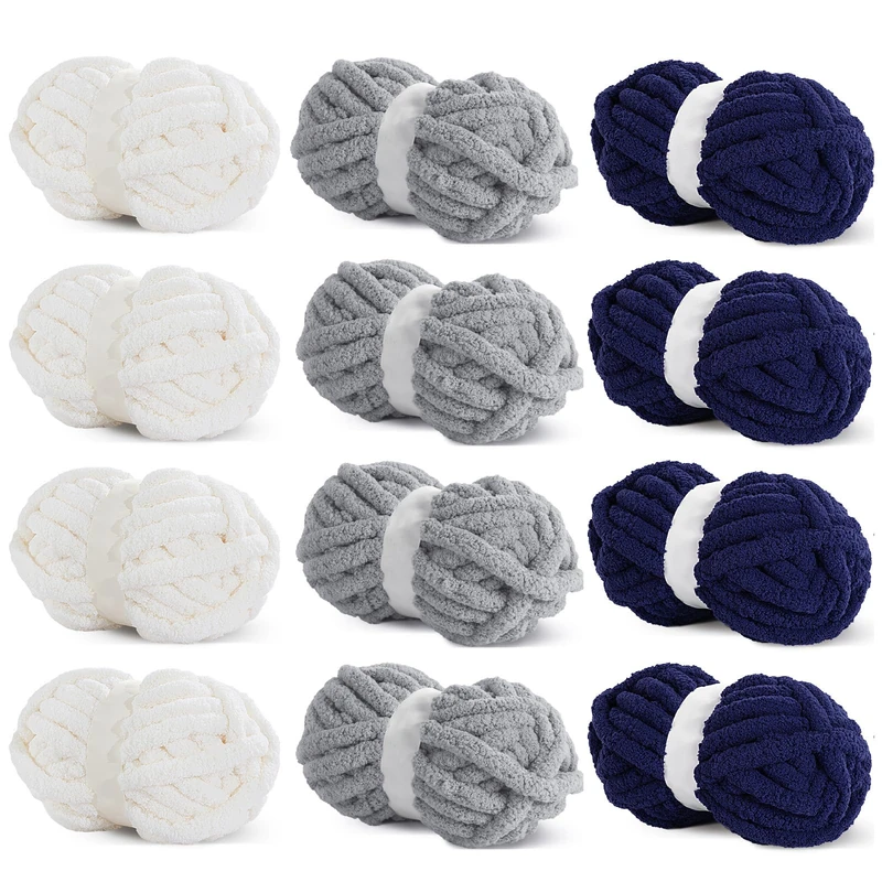 Hombys 12 Pack Chunky Yarn for Crocheting and Knitting - Super Bulky, Soft, Fluffy, Plush Fuzzy Yarn in 4 Colors (Cream, Light Grey, Navy Blue) - Each 27yds, 8oz