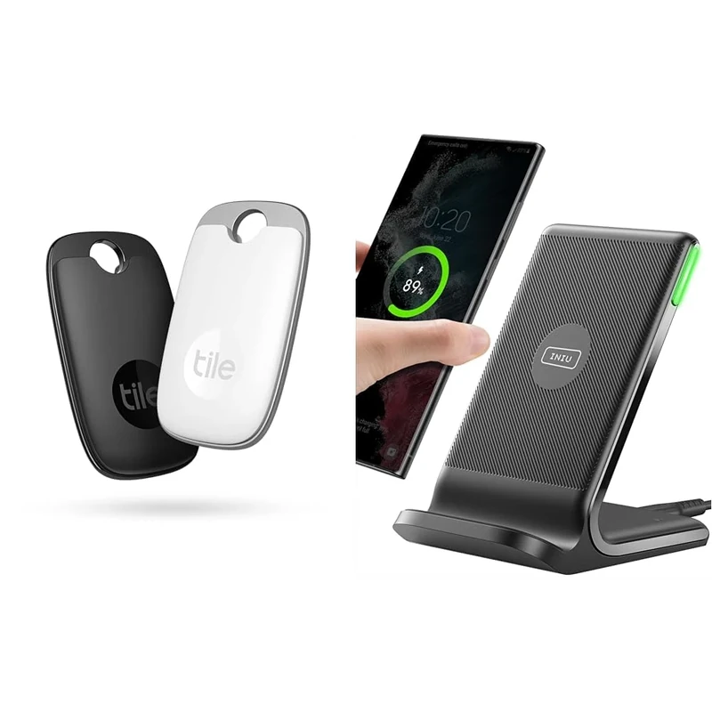Tile Pro Bluetooth Item Finder, 2 Pack, 120m finding range, works with Alexa and Google Smart Home & INIU Wireless Charger, 15W Fast Wireless Charging Stand Qi Certified Sleep-friendly Adaptive Light