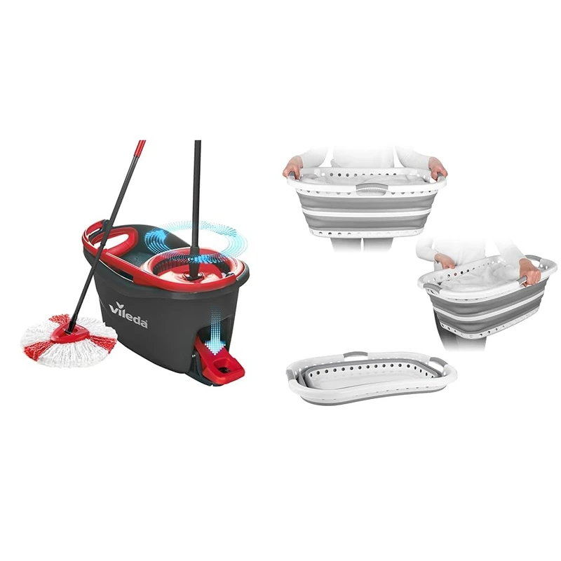Vileda Turbo Microfibre Mop And Bucket Set, Spin Mop For Cleaning Floors, Set Of 1 Mop And 1 Bucket & Beldray LA072979GRYEU Hip Hugger Laundry Basket - Curved & Shaped To Fit The Body, Collapsible