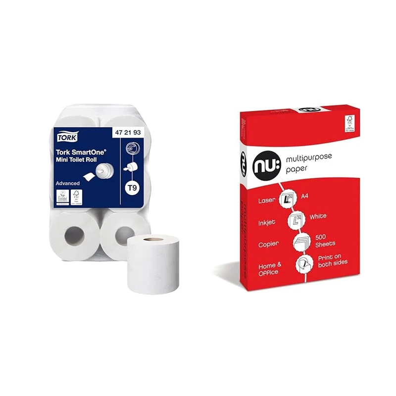Tork SmartOne Mini Toilet Roll White T9, Advanced, 2-Ply, 12 x 620 Sheets, 472193 & NU: Multi-Purpose Printer Paper, White, 500 Sheets