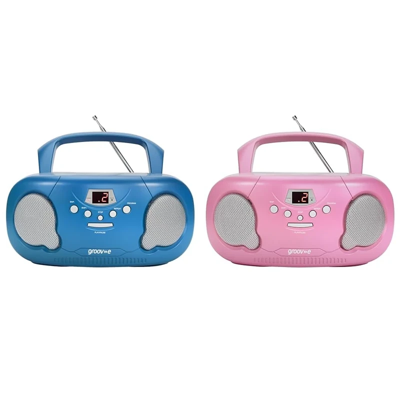 groov-e Orginal Boombox - Portable CD Player with Radio, 3.5mm Aux Port, & Headphone Socket & Portable CD Player Boombox with AM/FM Radio, 3.5mm AUX Input, Headphone Jack, LED Display