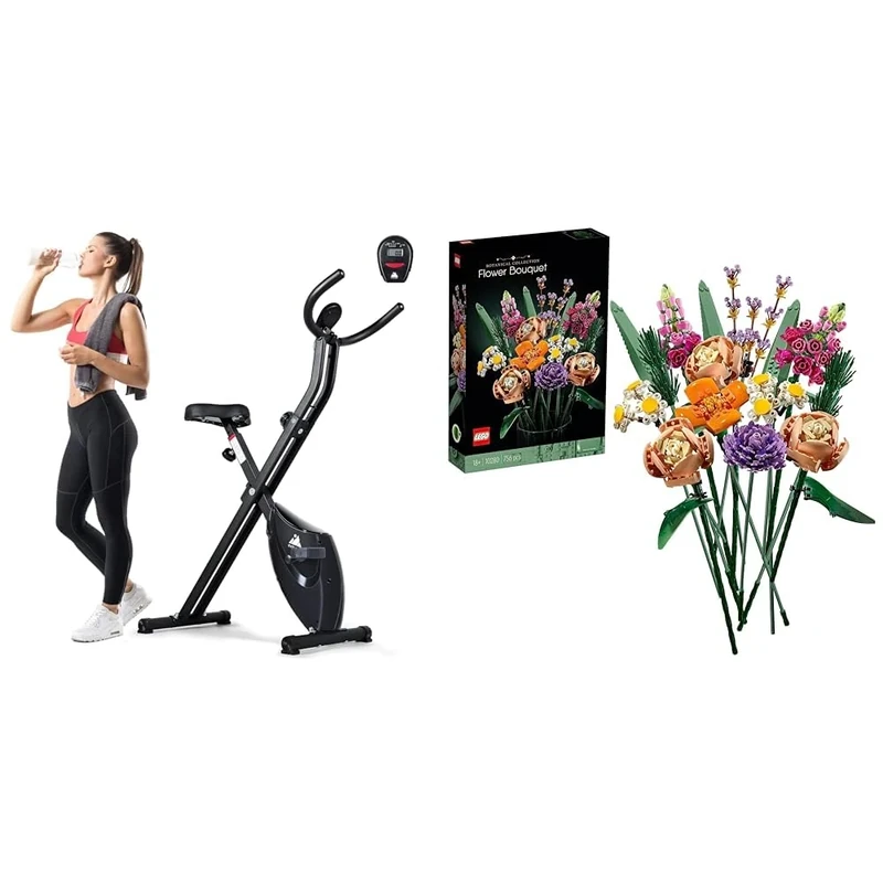 EVOLAND Exercise Bike, Fitness Bike with LCD Display and 8-Level Adjustable Magnetic Resistance & LEGO 10280 Icons Flower Bouquet, Artificial Flowers, Set for Adults, Decorative Home Accessories