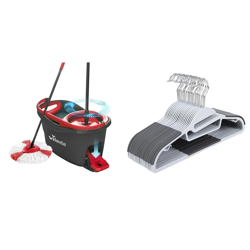 Vileda Turbo Microfibre Mop And Bucket Set, Spin Mop For Cleaning Floors, Set Of 1 Mop And 1 Bucket & SONGMICS Set of 20 Plastic Hangers, Coat Hangers with U-Shaped Opening, Non-Slip, Space-Saving