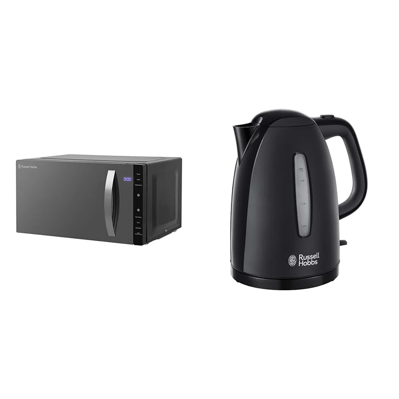 Russell Hobbs RHFM2363B 23 L 800 W Black Digital Flatbed Solo Freestanding Microwave & Textures Electric 1.7L Cordless Kettle (Fast Boil 3KW, Black premium plastic, matt