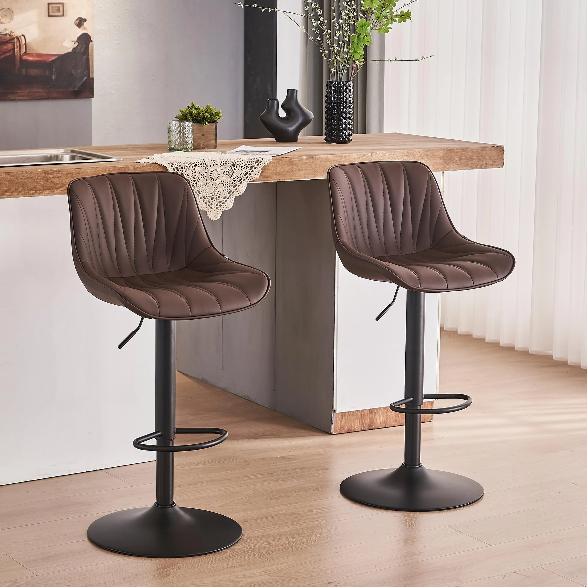 YOUNIKE Bar Stools Set of 2, Swivel Tall Barstools with Back, Adjustable Height Faux Leather Upholstered Modern Counter Height Bar Chairs, Espresso Brown