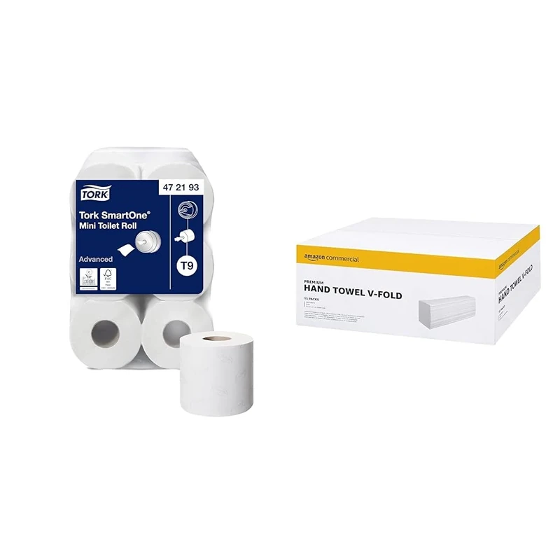 Tork SmartOne Mini Toilet Roll White T9, Advanced, 2-Ply, 12 x 620 Sheets, 472193 & AmazonCommercial 417798 Interfold-Vfold Paper Hand Towels, 2 PLY - Pack of 15, 3990 Sheets, White