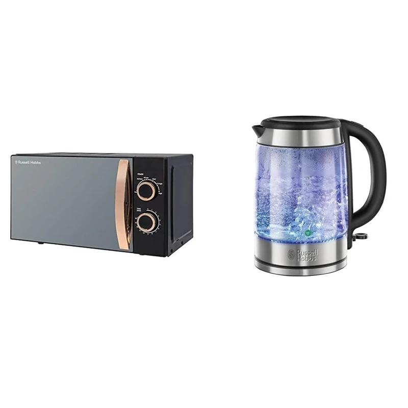 Russell Hobbs RHM1727RG 17 Litre 700 W Rose Gold Solo Microwave with 5 Power Levels, 30 Minute Timer & Illuminating 1.7L Electric Cordless Glass Kettle with black/brushed stainless steel accents