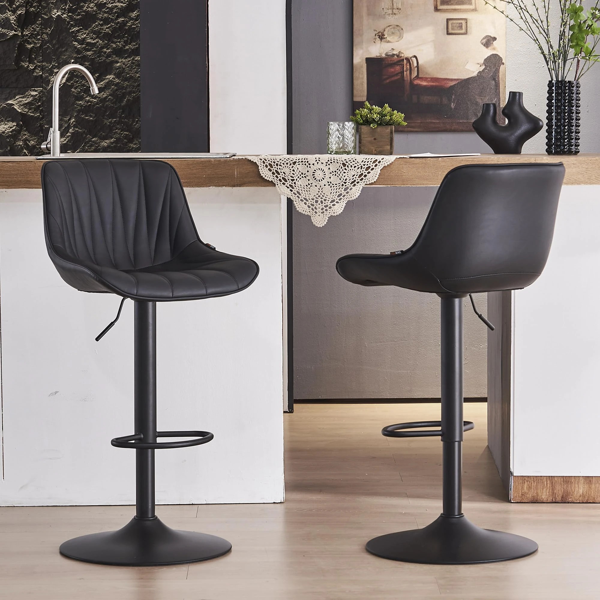 YOUNIKE Bar Stools Set of 2 Black, Swivel Adjustable Tall Barstools, Faux Leather Padded Bar Chair with Back, Modern Counter Stools for Kitchen Island