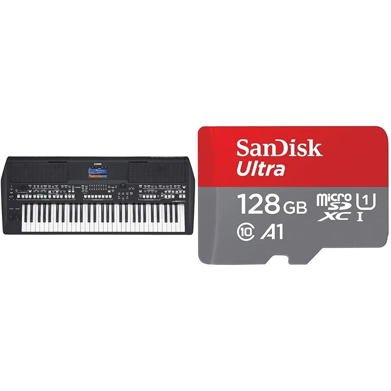 Yamaha PSR-SX600 Digital Keyboard - a Powerful Digital Workstation Keyboard with 61 Touch-Sensitive & SanDisk 128GB Ultra microSDXC card + SD adapter up to 140 MB/s with A1 App Performance UHS-I