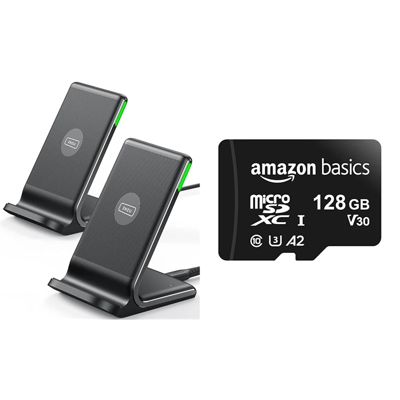 INIU Wireless Charger 2-Pack, 15W Qi Certified Fast Wireless Charger Stand & Amazon Basics - MicroSDXC Memory Card, 128GB, with SD Adapter, A2, U3, 100MB/s Max Read Speed, Black