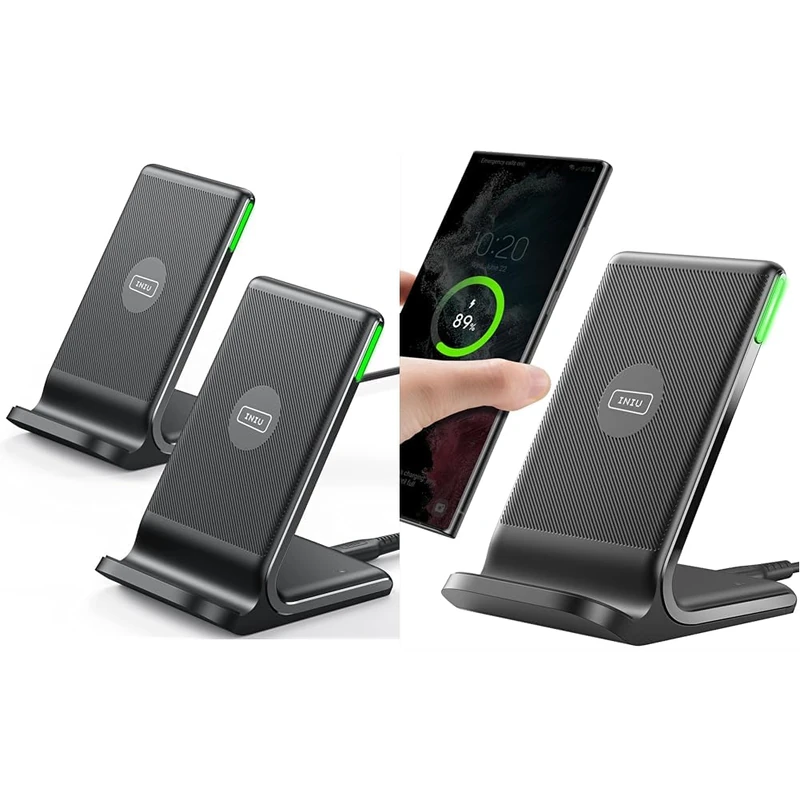 INIU Wireless Charger 2-Pack, 15W Qi Certified Fast Wireless Charger Stand with Sleep-friendly Light & Wireless Charger, 15W Fast Wireless Charging Stand Qi Certified Sleep-friendly Adaptive Light